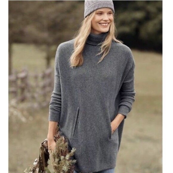 Garnet Hill Cashmere Wool Turtleneck Sweater Women M Gray Oversized Pockets Cozy - Picture 1 of 13